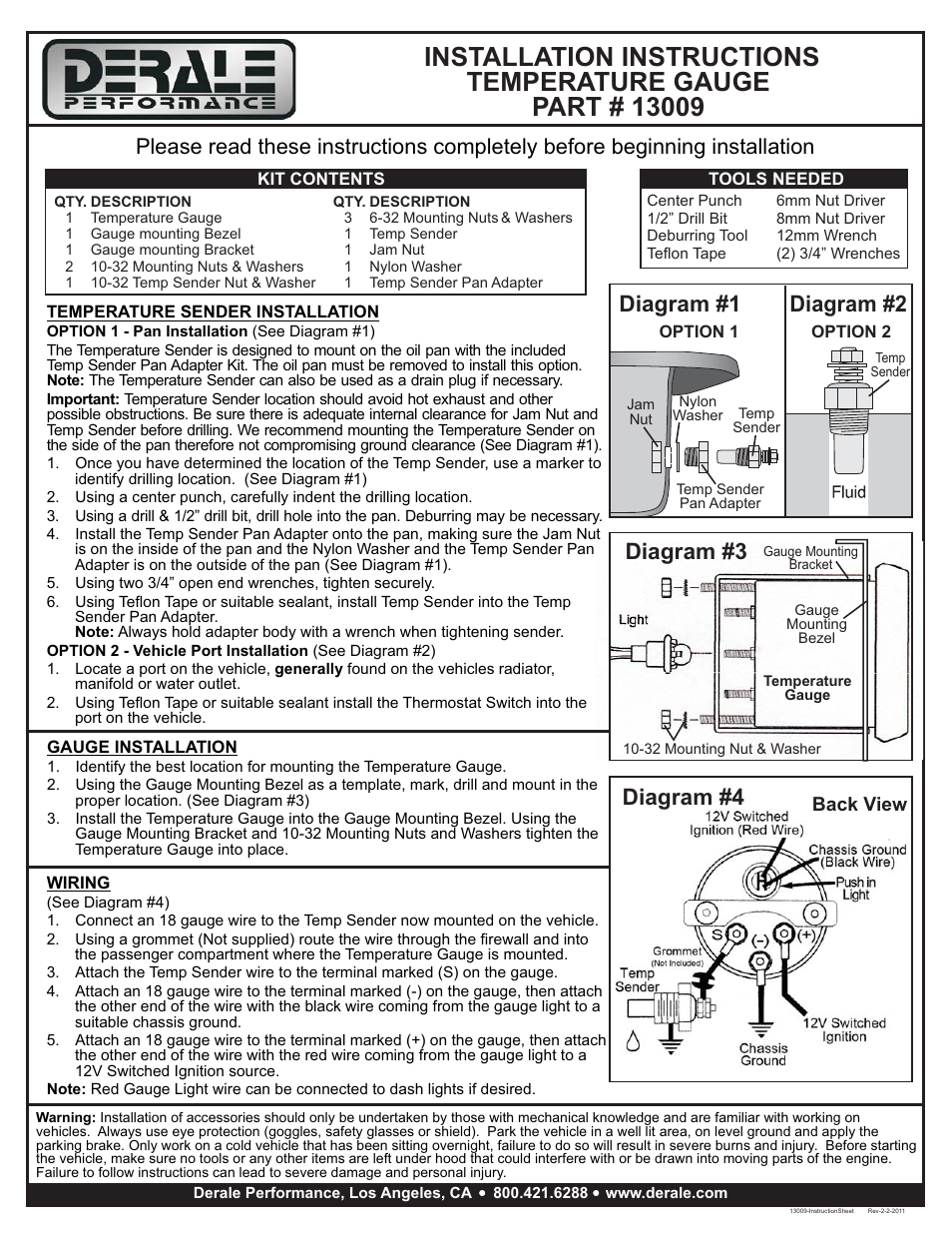 Derale Performance Lighted Black on White 2 1_8" Electric Oil Temperature Gauge Kit User Manual | 1 page