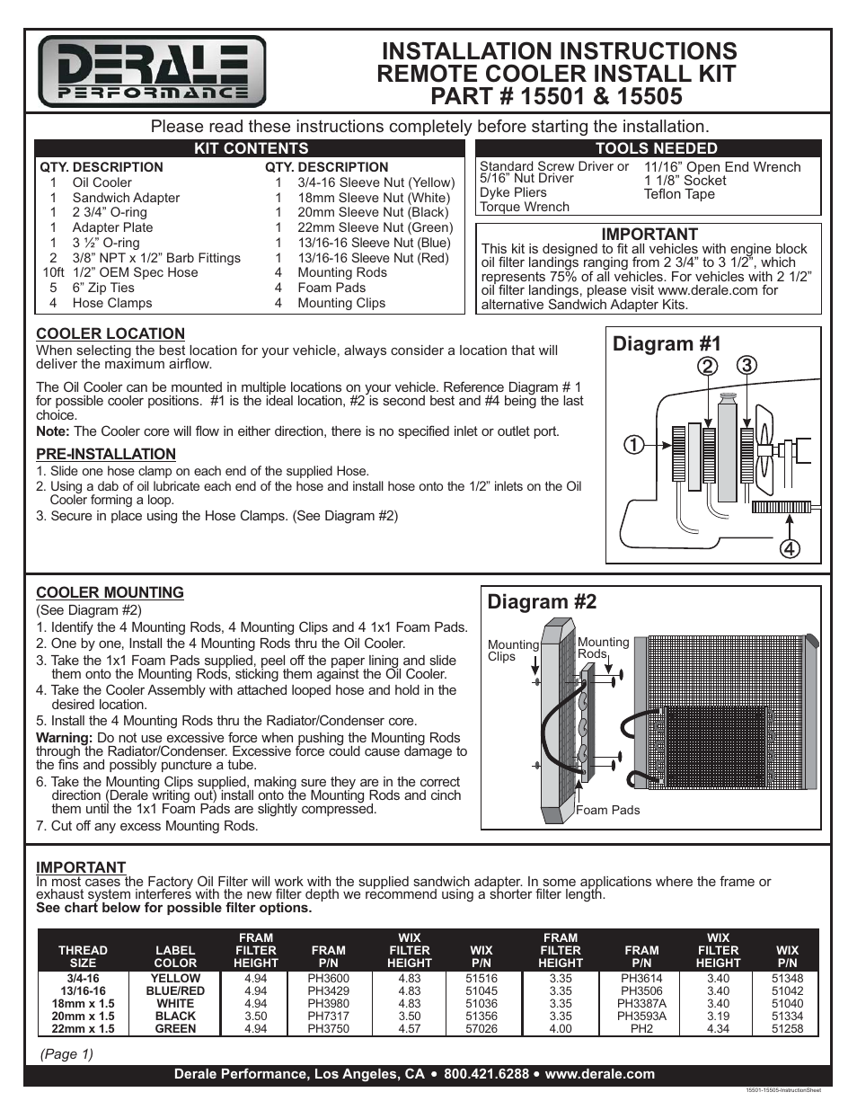 Derale Performance 6 Pass Series 7000 Aluminum_Copper Engine Oil Cooler Kit User Manual | 2 pages