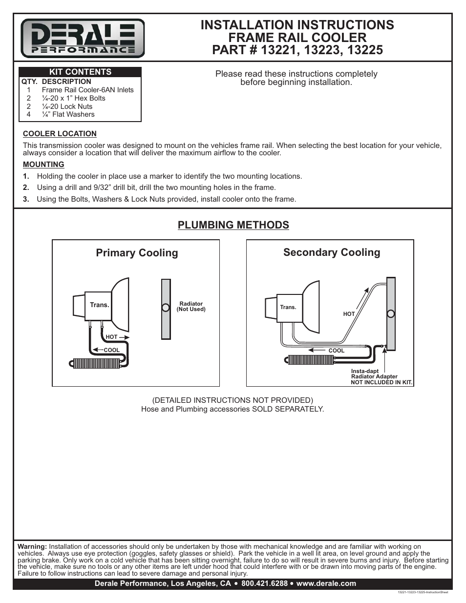 Derale Performance 2 Pass 17" Series 7000 Copper_Aluminum Frame Rail Cooler User Manual | 1 page