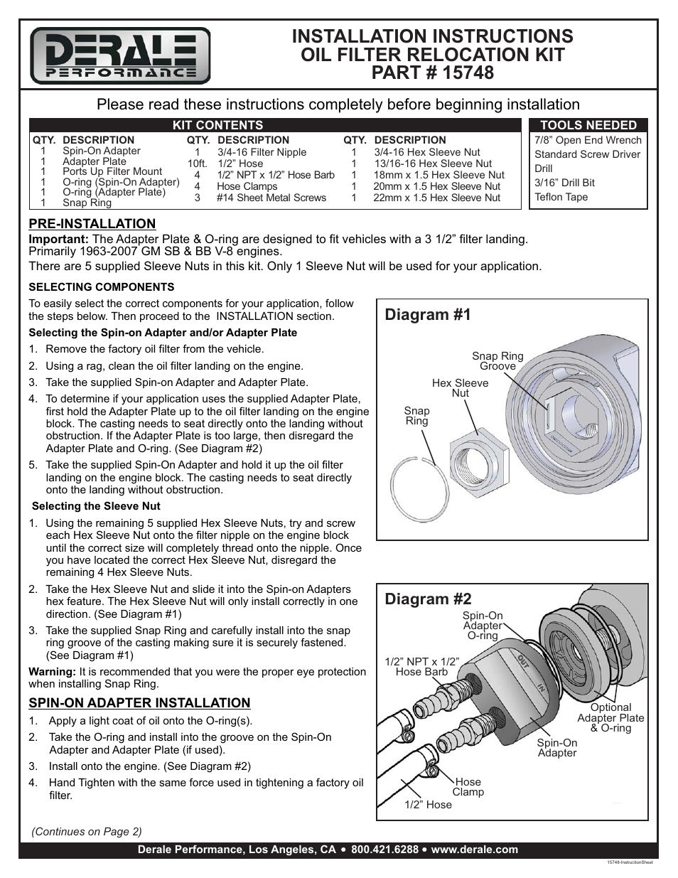 Derale Performance Universal Engine Oil Filter Relocation Kit with 1_2" NPT Ports User Manual | 2 pages