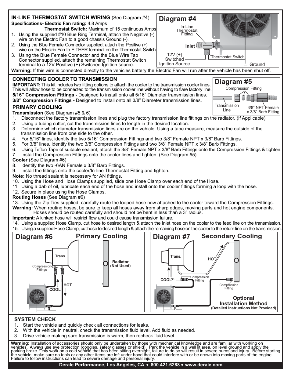 Diagram #4, Diagram #6, Diagram #7 | Diagram #5, Secondary cooling, Primary cooling | Derale Performance 25 Row Hyper-Cool Remote Transmission Cooler Kit, -6AN User Manual | Page 2 / 2
