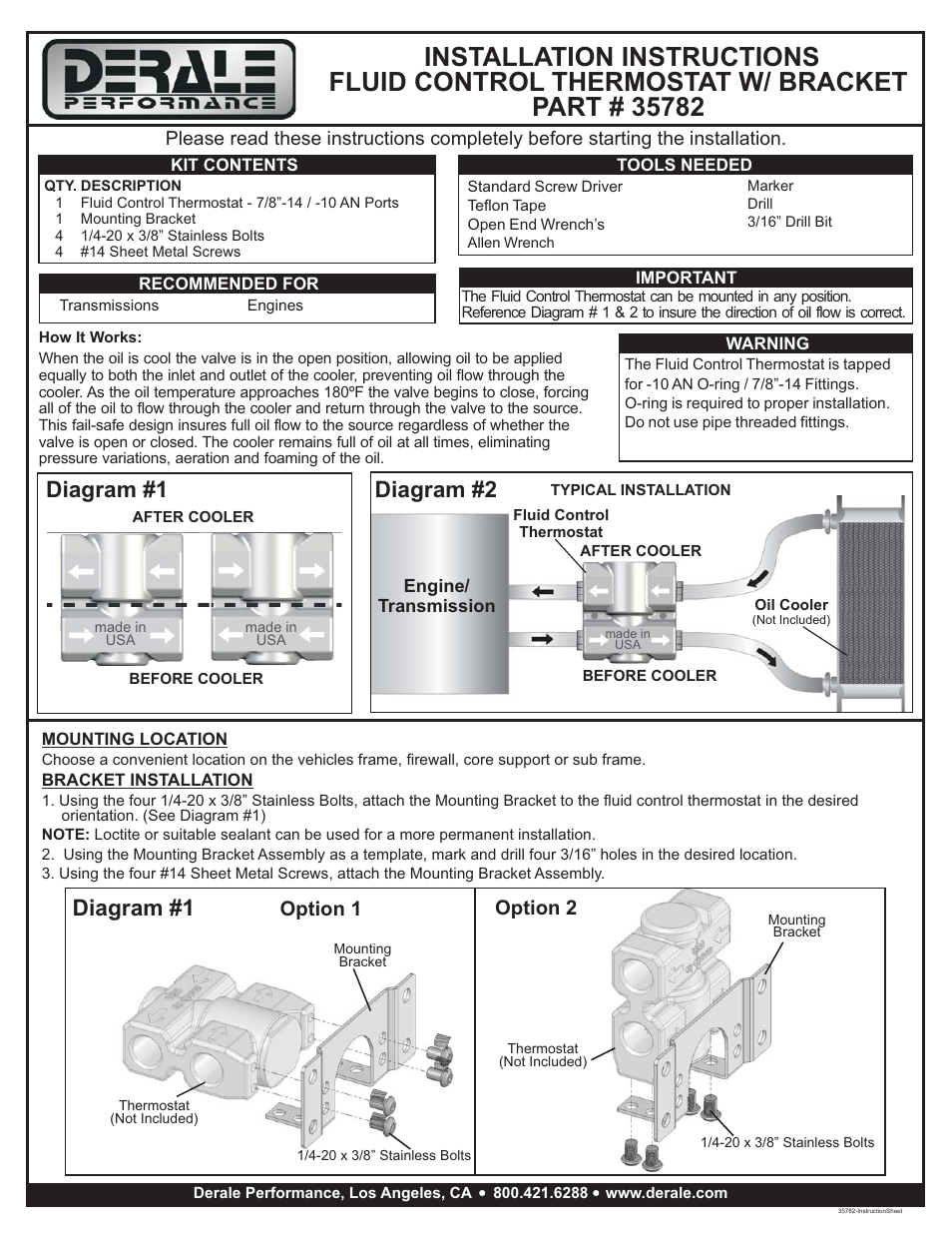 Derale Performance Fluid Control Thermostat w__Bracket User Manual | 1 page