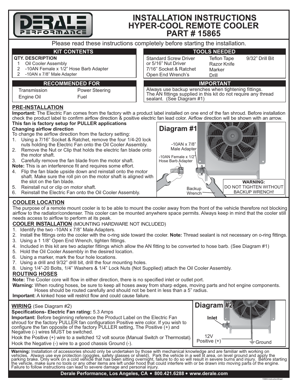 Derale Performance 25 Row Hyper-Cool Remote Cooler, -10AN User Manual | 1 page