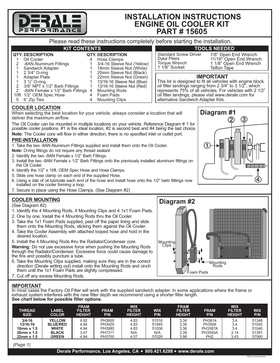 Derale Performance 10 Row Series 10000 Stack Plate Universal Engine Oil Cooler Kit, Sandwich Adapter User Manual | 2 pages