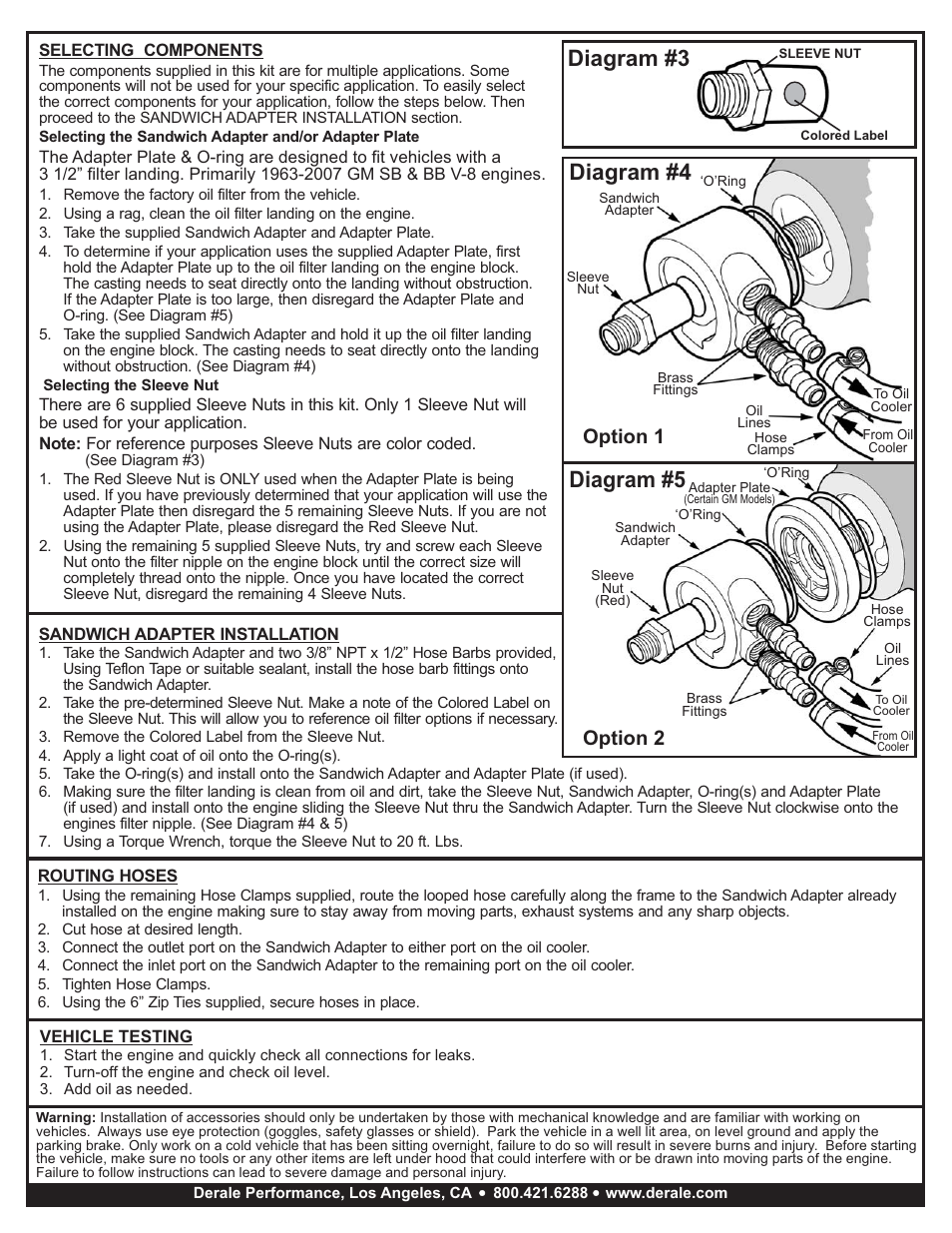 Diagram #4, Diagram #5, Diagram #3 | Option 1 option 2 | Derale Performance 10 Row Series 10000 Stack Plate Universal Engine Oil Cooler Kit, Sandwich Adapter User Manual | Page 2 / 2