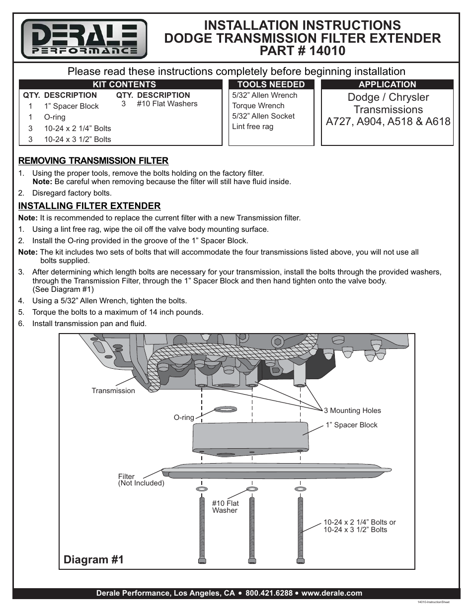 Derale Performance Dodge Deep Transmission Pan Filter Extender User Manual | 1 page