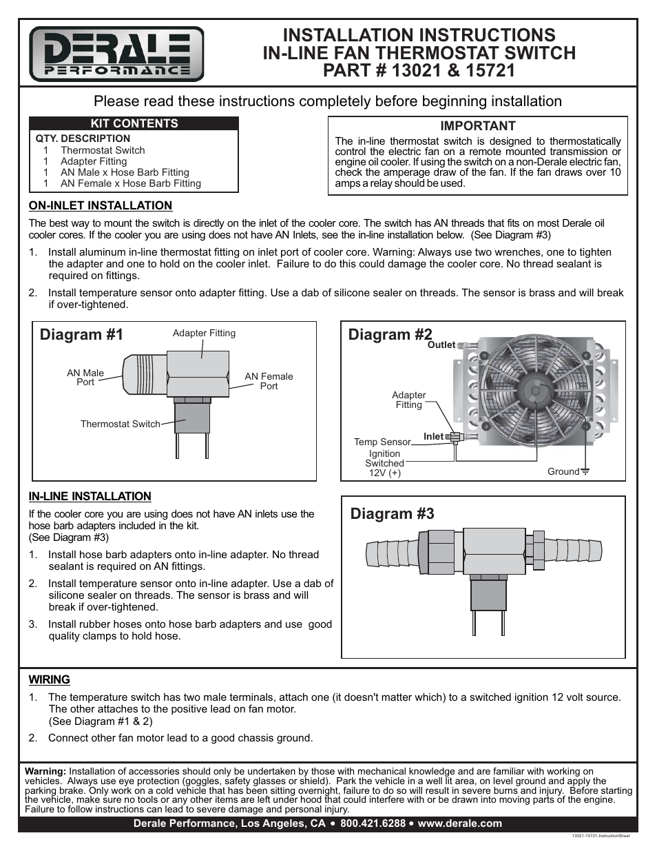Derale Performance In-Line Fan Thermostat Switch User Manual | 1 page