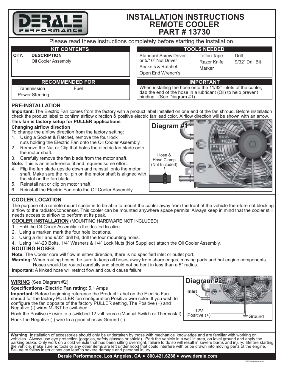 Derale Performance 6 Pass Econo-Cool Remote Cooler, 11__32" Barb Inlets User Manual | 1 page