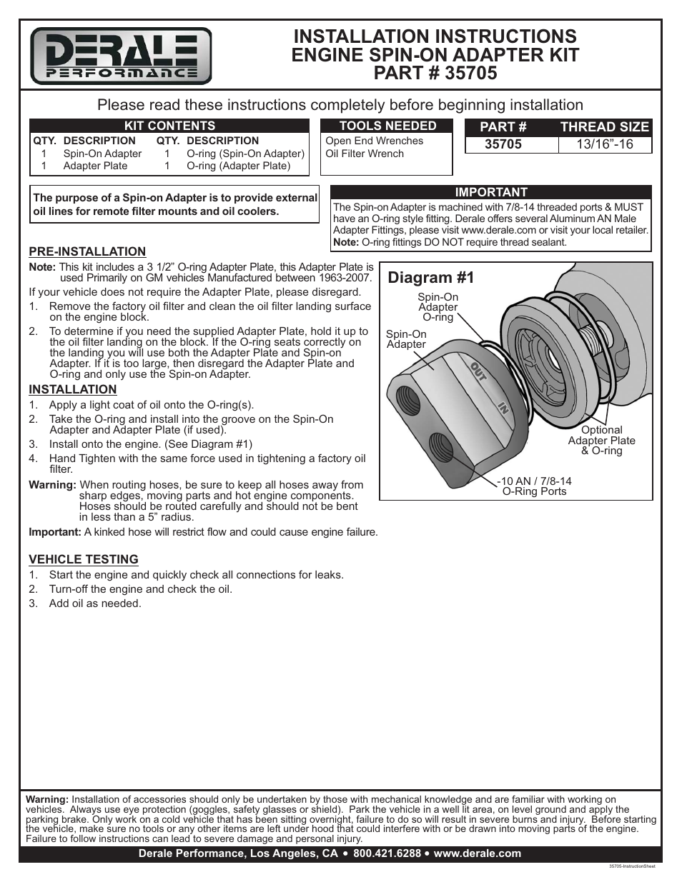 Derale Performance Premium Engine Spin On Adapter with -10AN O-ring Ports, 13__16"-16 Engine Thread User Manual | 1 page