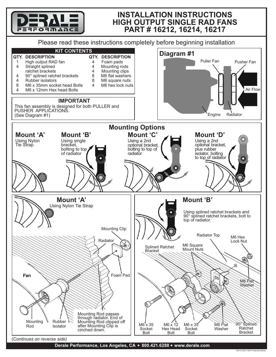 Derale Performance 12" High Output Single RAD Pusher_Puller Fan with Premium Mount Kit User Manual | 2 pages