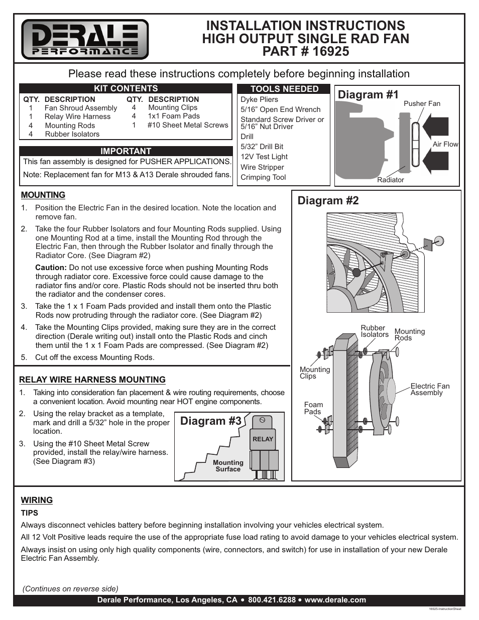 Derale Performance 13" High Output RAD Pusher Fan User Manual | 2 pages