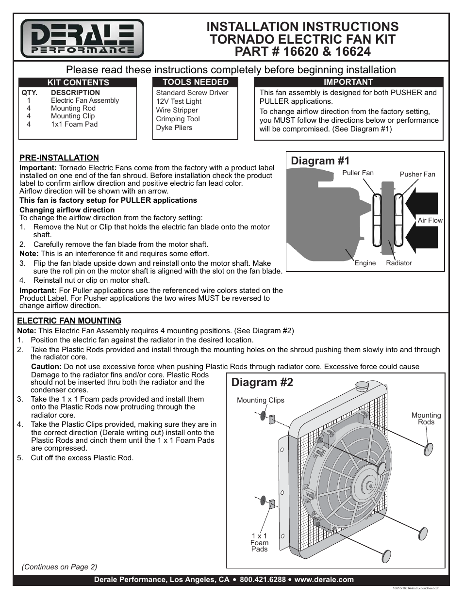 Derale Performance 14" Tornado Electric Puller Fan, Standard Mounting Kit User Manual | 2 pages