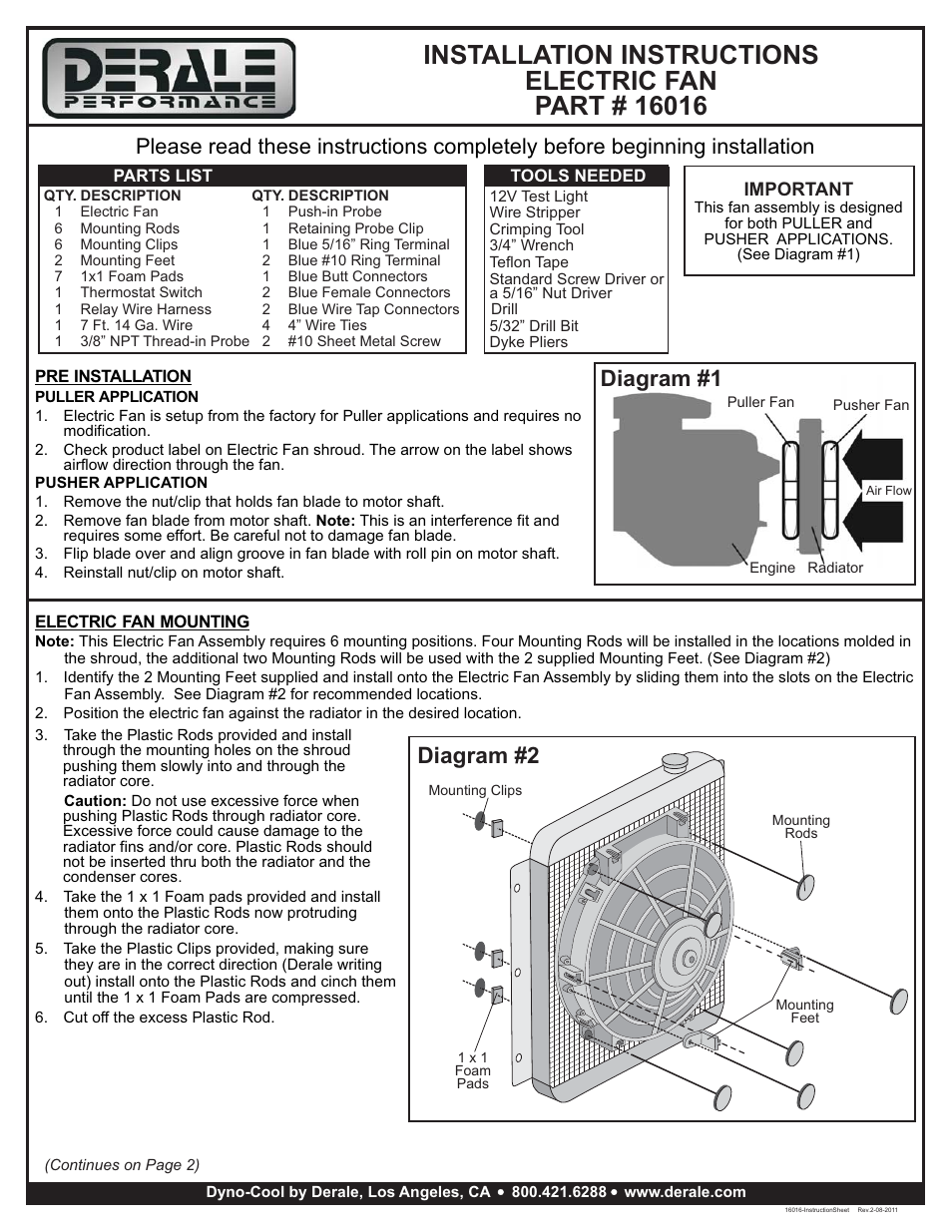 Derale Performance 16" Tornado Electric Fan & 180 User Manual | 3 pages