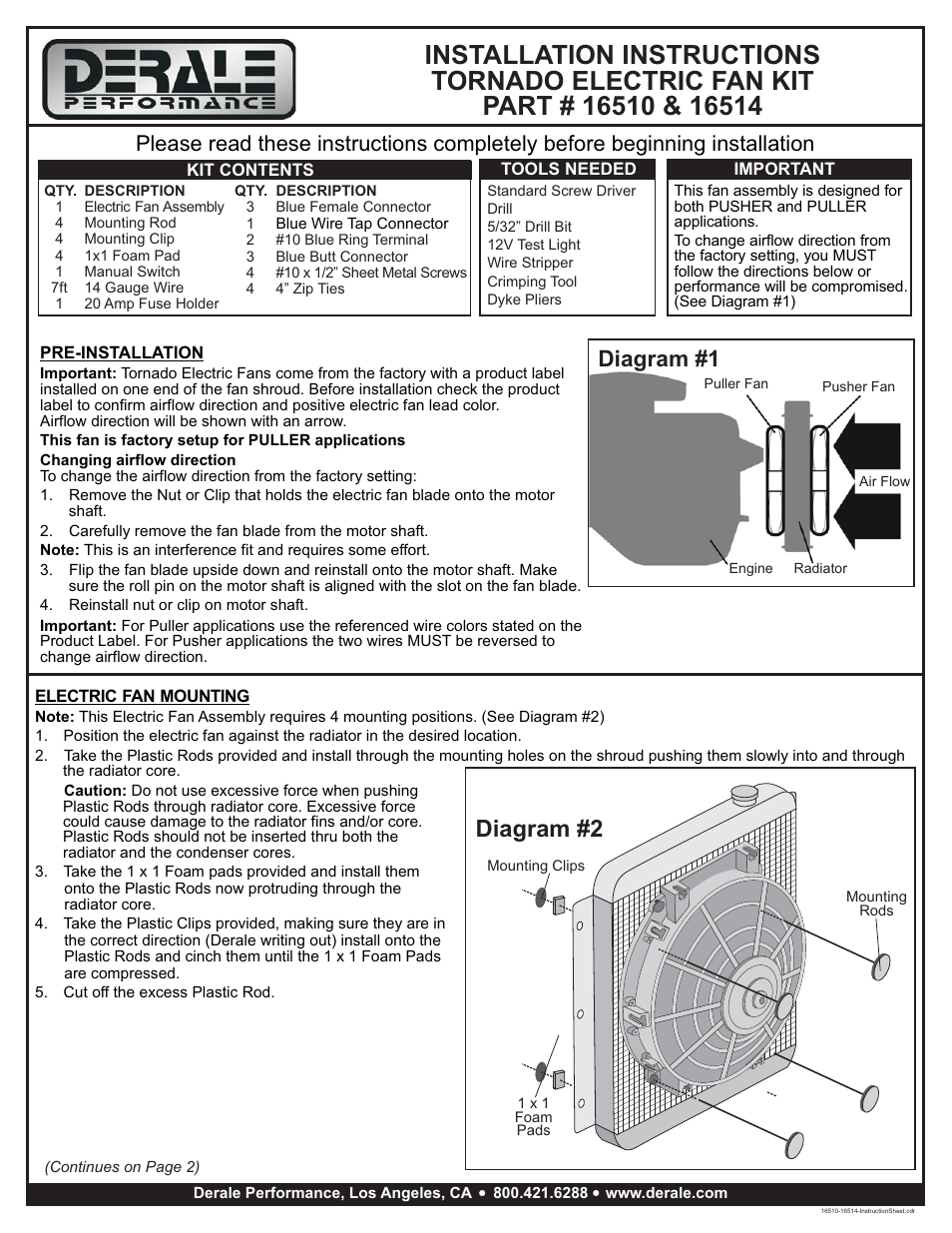 Derale Performance 10" Tornado Electric Puller Fan, Premium Mounting Kit User Manual | 2 pages