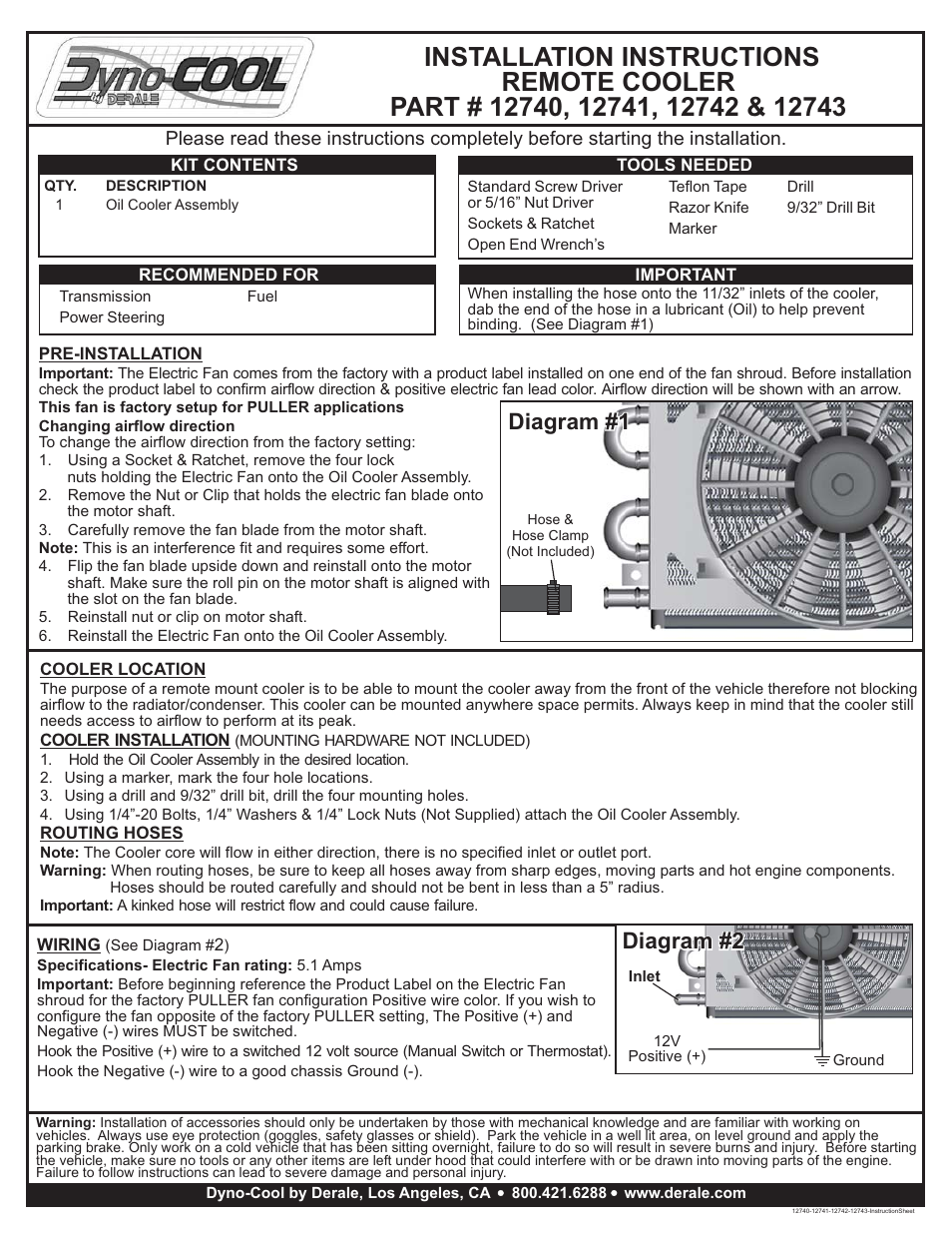 Derale Performance 8 Pass 13" Dyno Cool Remote Cooler, 11_32" User Manual | 1 page