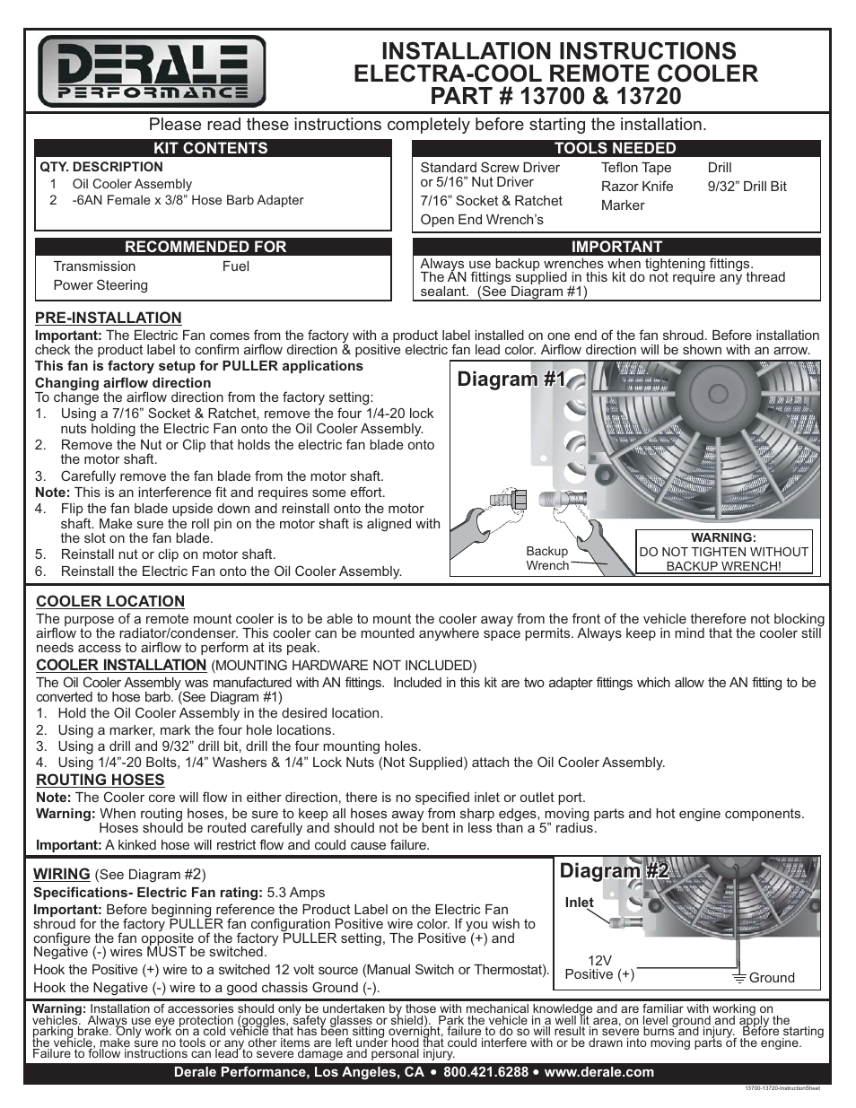 Derale Performance 8 Pass Electra-Cool Remote Cooler, -6AN Inlets User Manual | 1 page