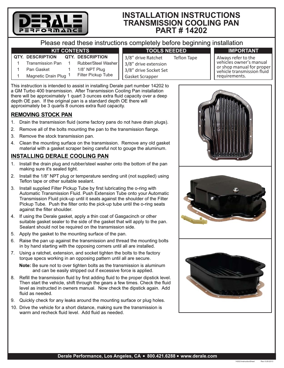 Derale Performance GM TH-400 Deep Transmission Cooling Pan User Manual | 1 page