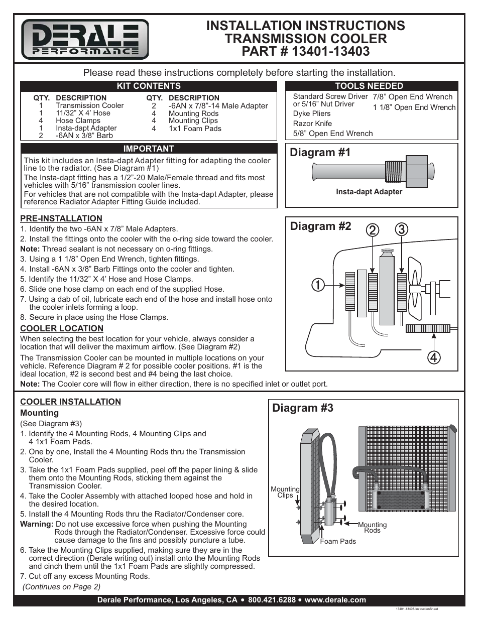 Derale Performance 10 Row Series 10000 Stack Plate Transmission Cooler Kit User Manual | 3 pages