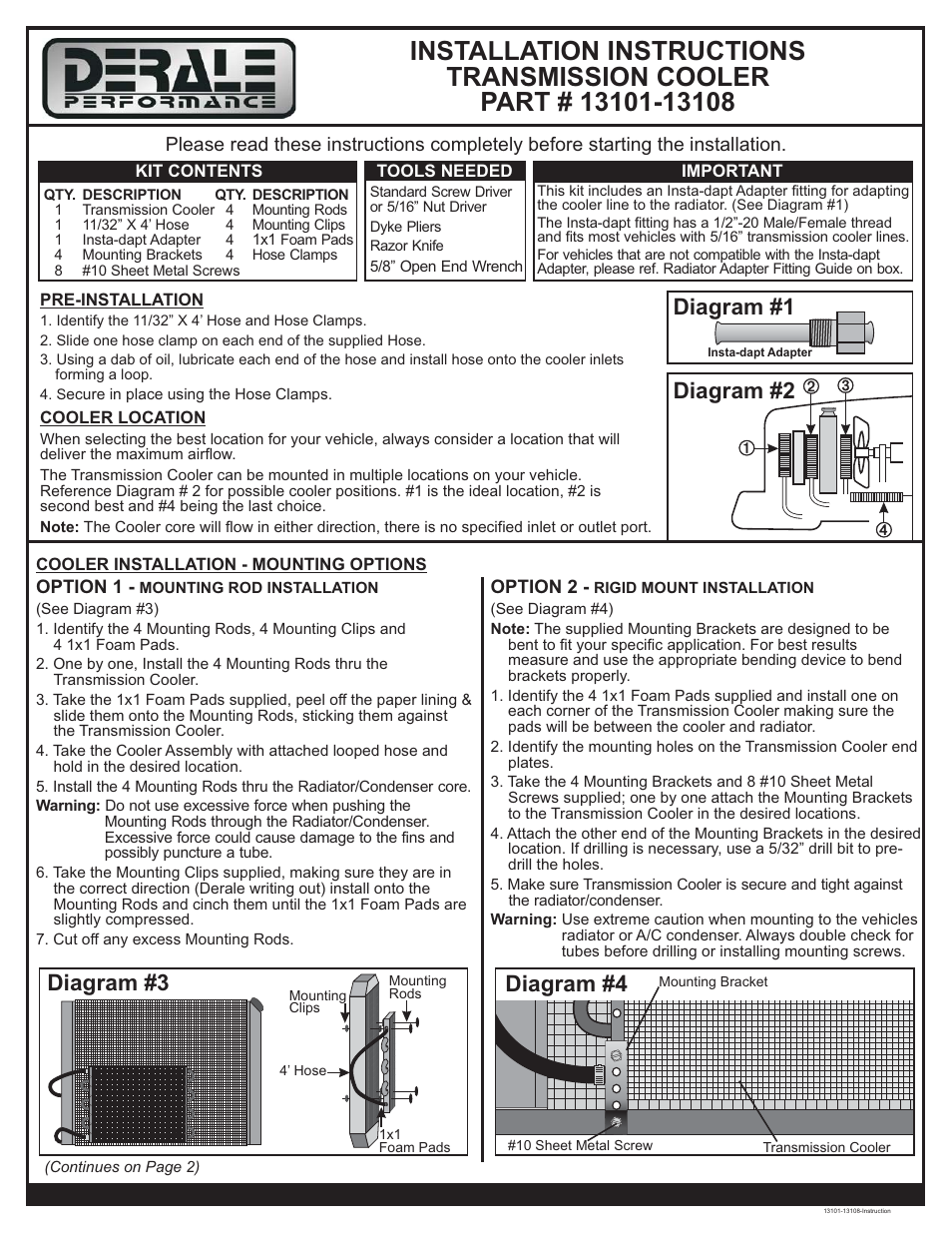 Derale Performance 4 Pass 13" Series 7000 Copper_Aluminum Transmission Cooler Kit User Manual | 2 pages