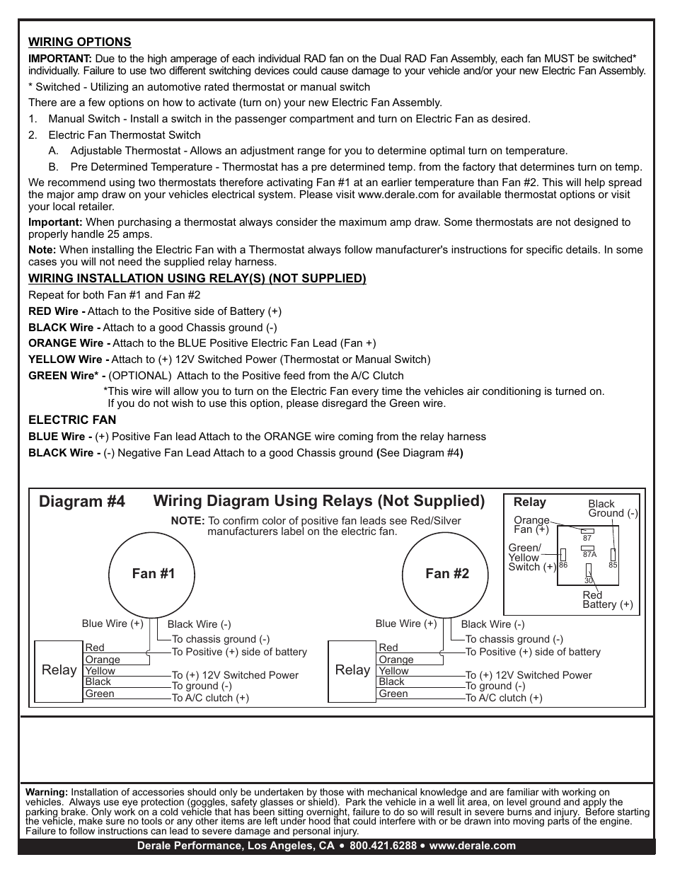 Diagram #4, Wiring diagram using relays (not supplied), Relay | Fan #1 fan #2 | Derale Performance Dual 14" Electric Tornado Fan Kit User Manual | Page 2 / 2