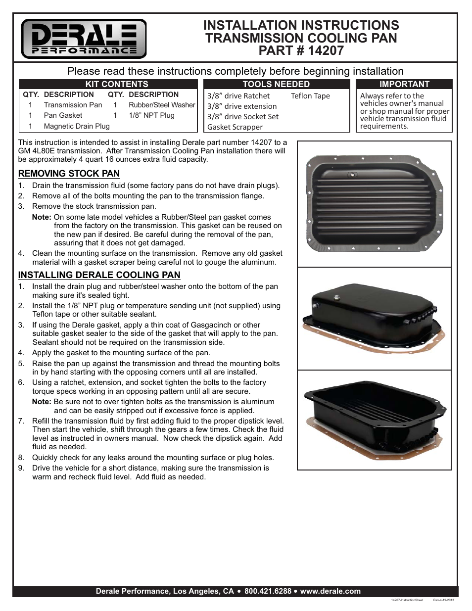 Derale Performance GM 4L80 & 4L80E Transmission Cooling Pan User Manual | 1 page