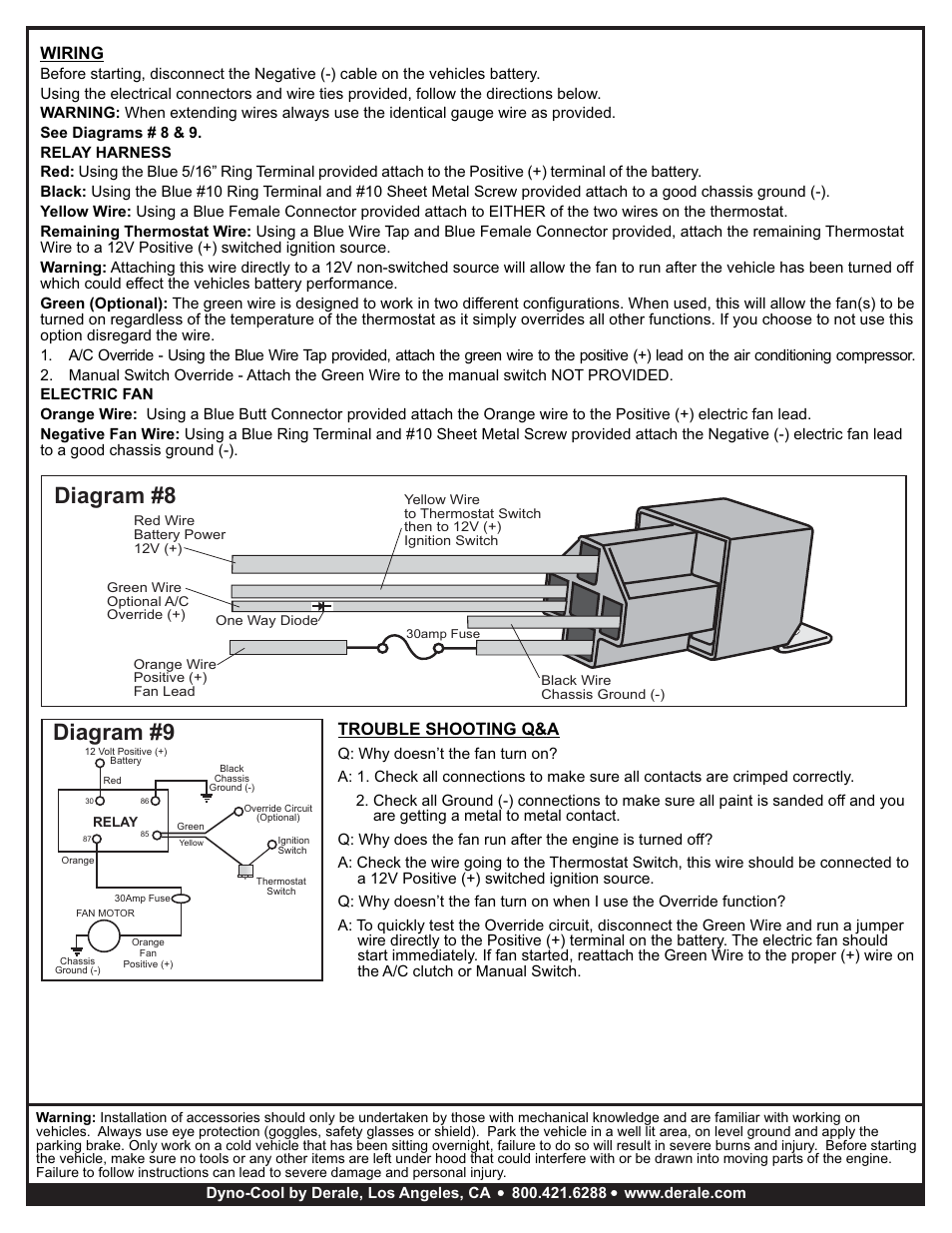 Diagram #9 diagram #8, Wiring, Trouble shooting q&a | Derale Performance 10" Tornado Electric Fan & 180 User Manual | Page 3 / 3