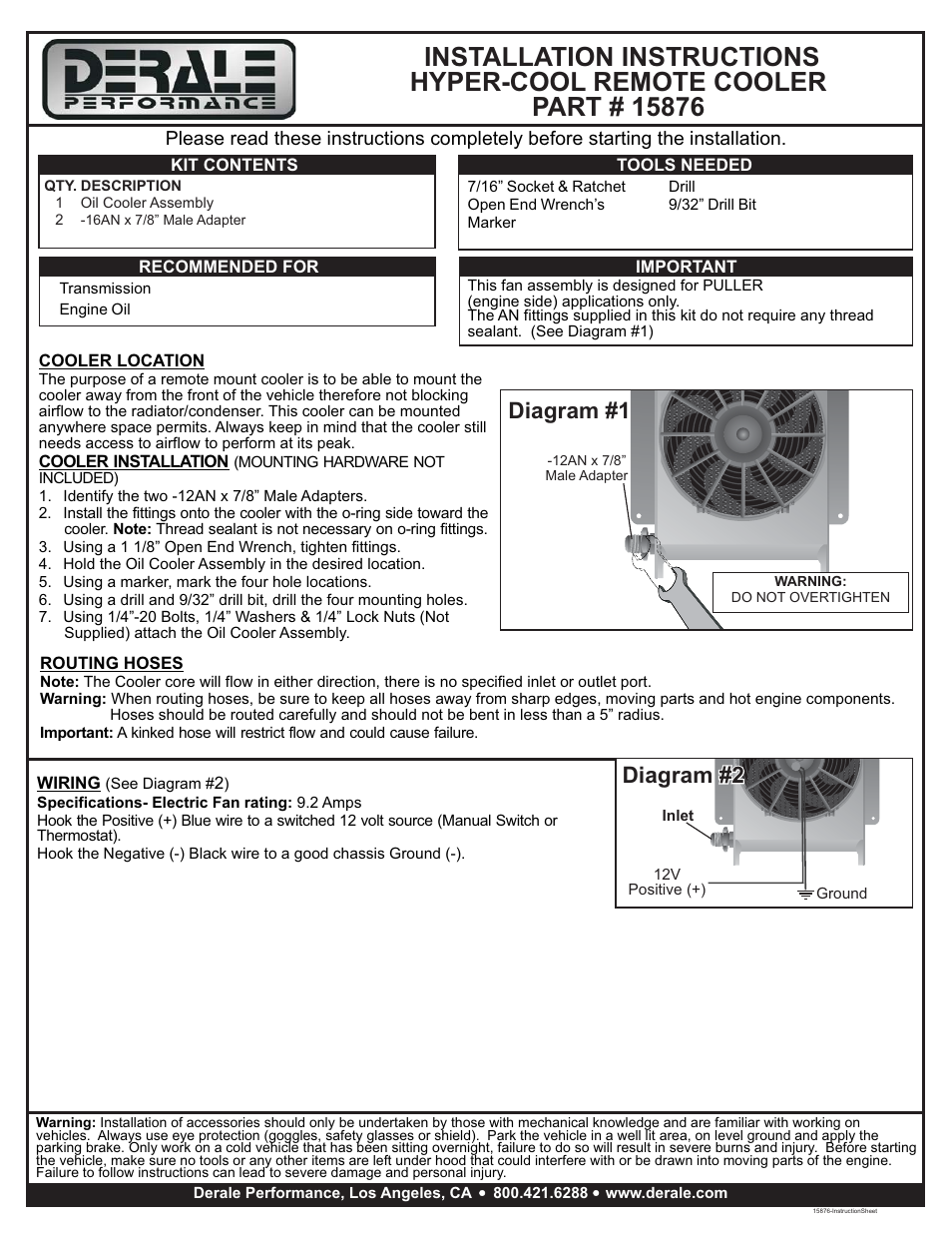 Derale Performance 40 Row Hyper-Cool Extreme Remote Cooler, -12AN User Manual | 1 page