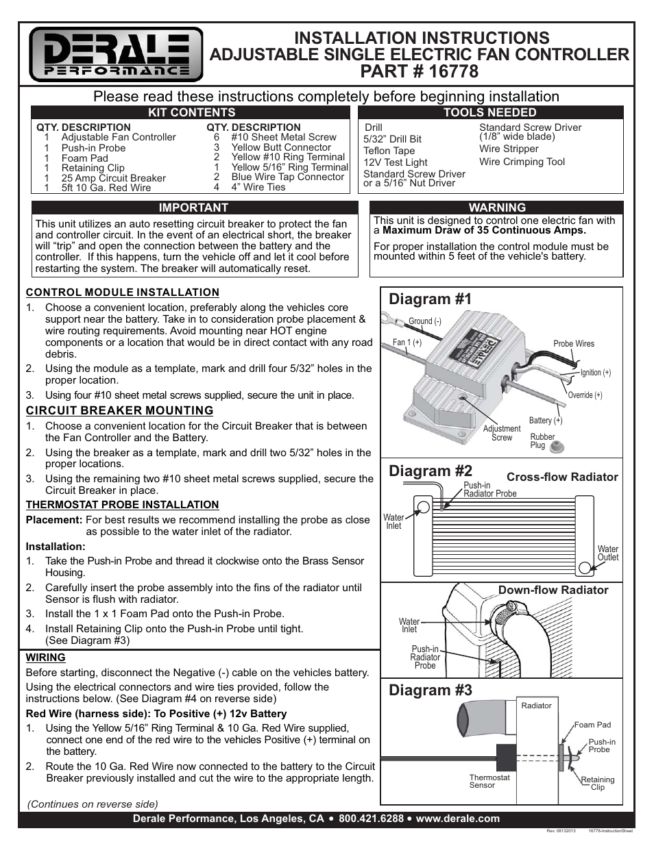 Derale Performance High Amperage Adjustable Single Electric Fan Controller, Push In Probe User Manual | 2 pages