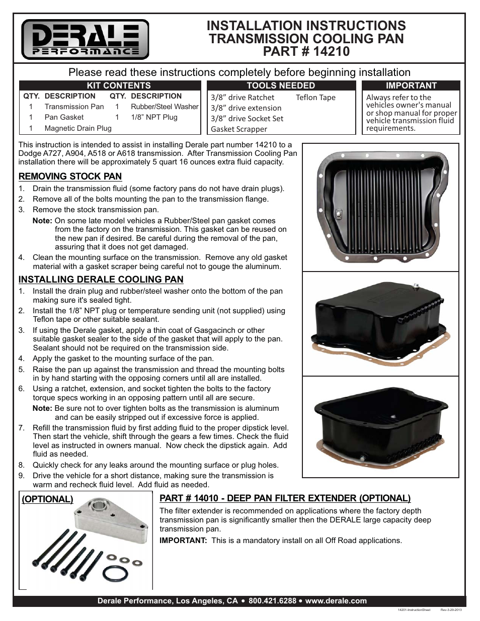 Derale Performance Dodge A518, A618, A727 & A905 Transmission Cooling Pan User Manual | 1 page