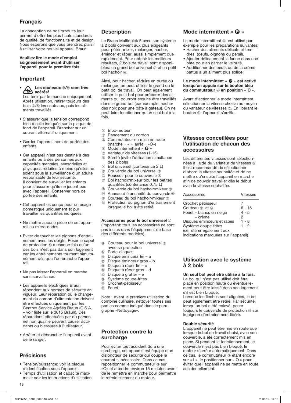 Français, Important, Précisions | Description, Protection contre la surcharge, Mode intermittent « p, Utilisation avec le système à 2 bols | Braun Multiquick 5 K 700 User Manual | Page 17 / 113