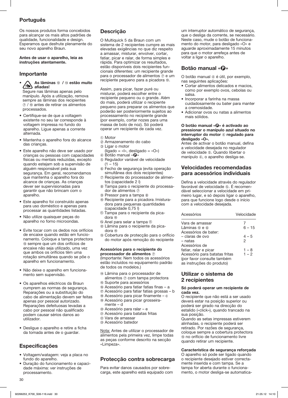 Português, Importante, Especificações | Descrição, Protecção contra sobrecarga, Botão manual « p, Utilizar o sistema de 2 recipientes | Braun Multiquick 5 K 700 User Manual | Page 29 / 113