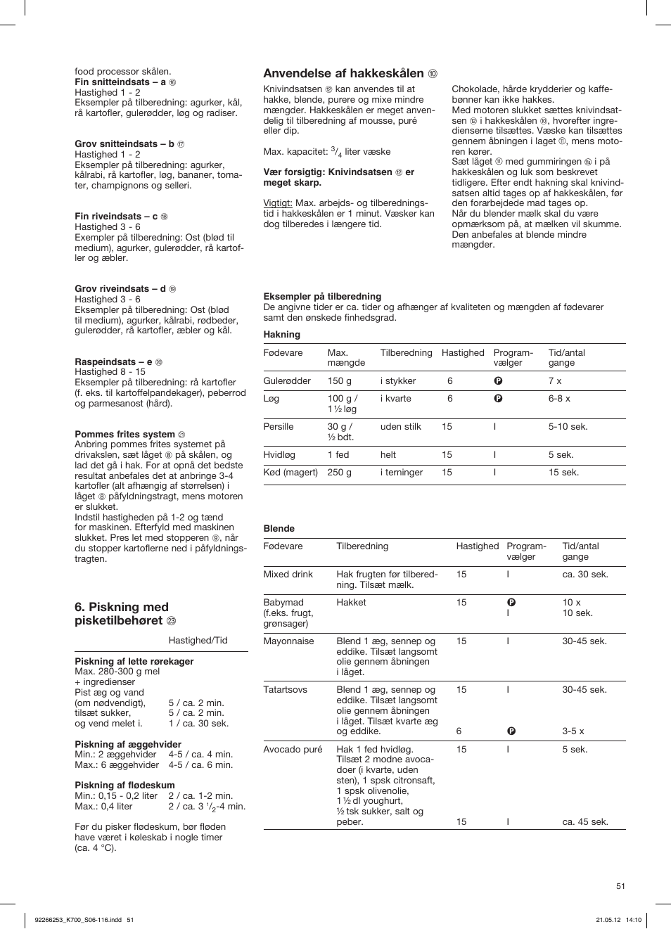Anvendelse af hakkeskålen j, Piskning med pisketilbehøret w | Braun Multiquick 5 K 700 User Manual | Page 50 / 113