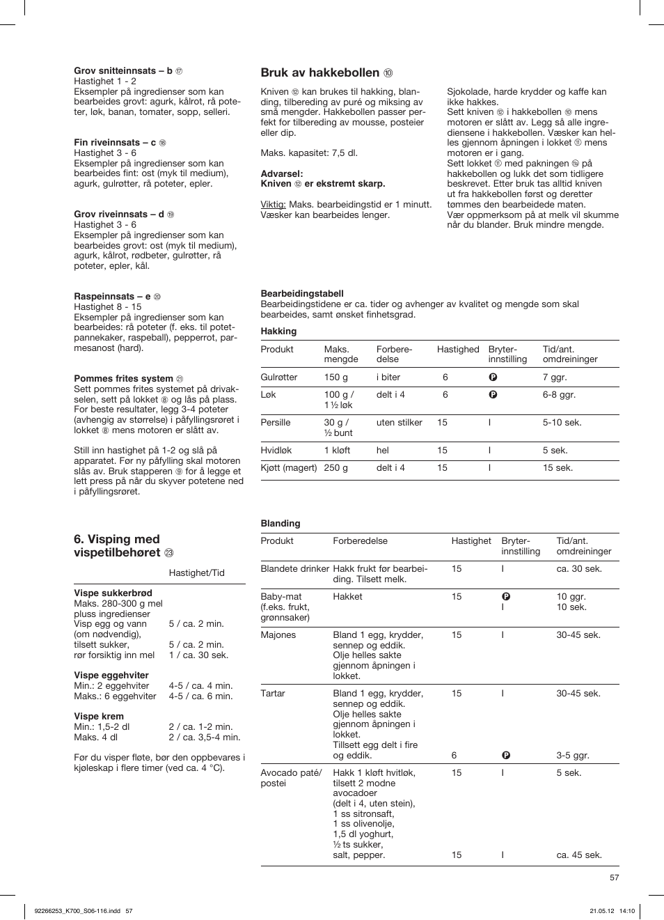Bruk av hakkebollen j, Visping med vispetilbehøret w | Braun Multiquick 5 K 700 User Manual | Page 56 / 113