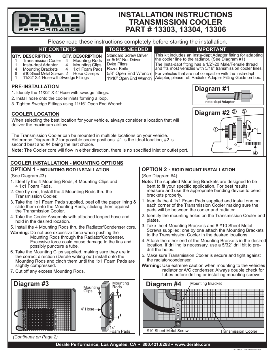 Derale Performance 6 Pass 14" Series 7000 Copper_Aluminum Transmission Cooler Kit, -6AN User Manual | 2 pages