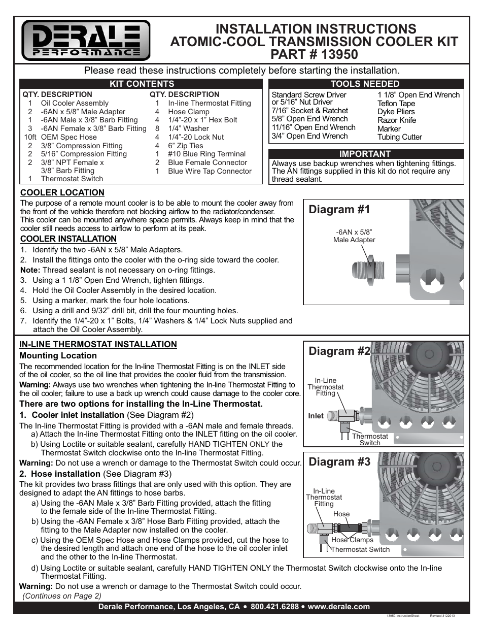 Derale Performance 15 Row Atomic Cool Plate & Fin Remote Transmission Cooler Kit, -6AN User Manual | 2 pages