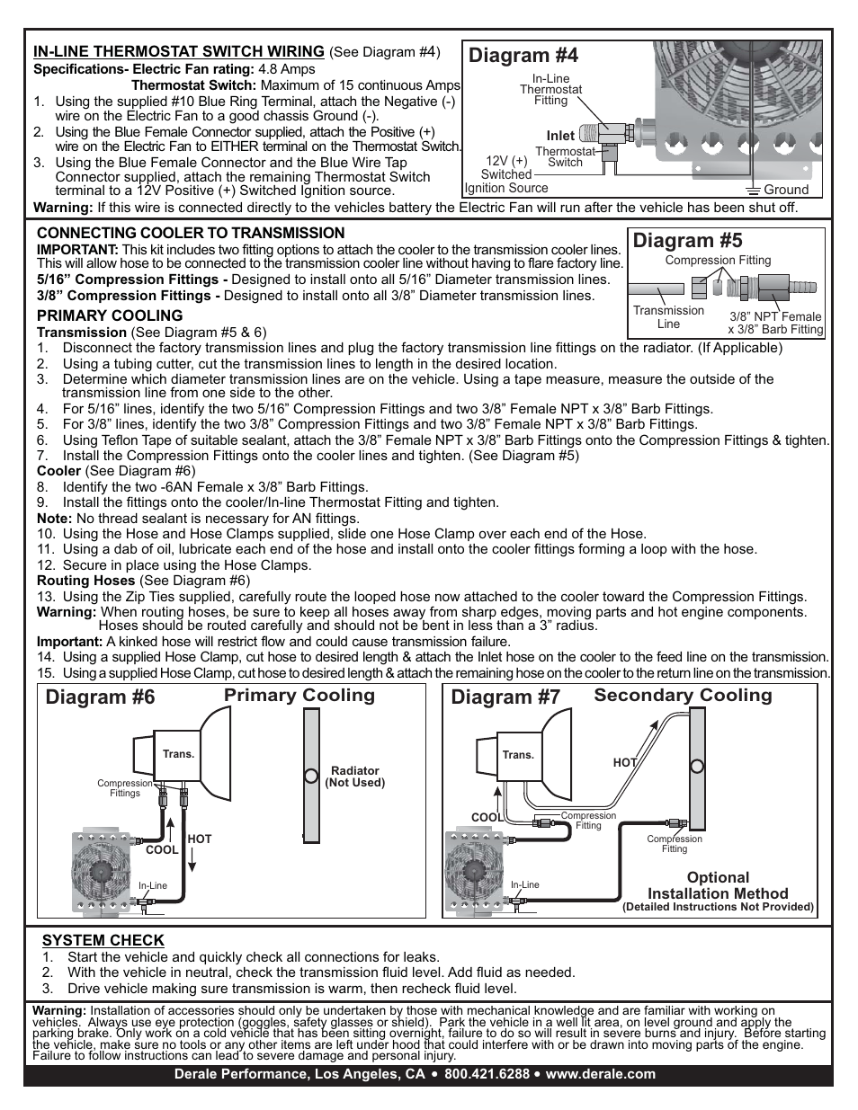 Diagram #4, Diagram #6, Diagram #7 | Diagram #5, Secondary cooling, Primary cooling | Derale Performance 15 Row Atomic Cool Plate & Fin Remote Transmission Cooler Kit, -6AN User Manual | Page 2 / 2