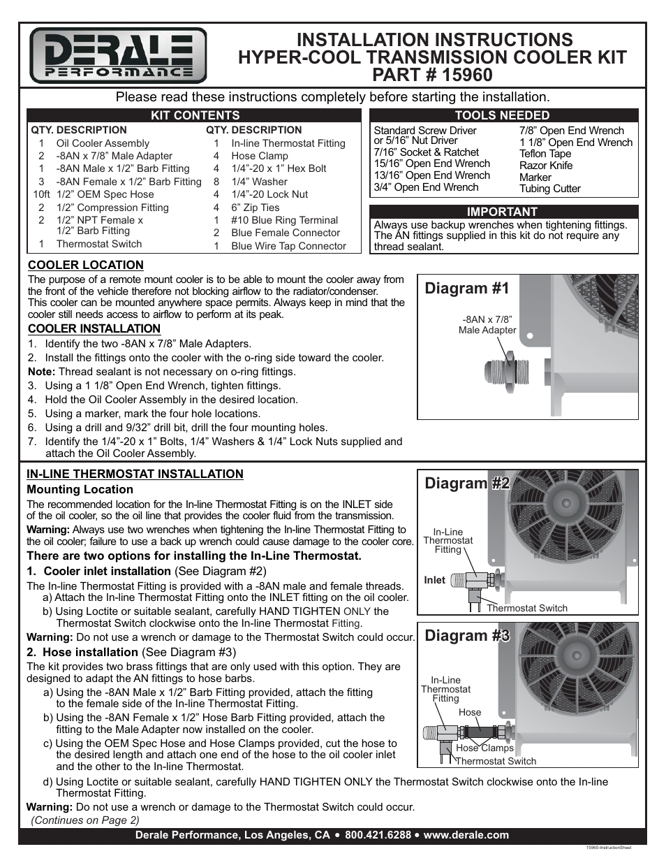 Derale Performance 25 Row Hyper-Cool Remote Transmission Cooler Kit, -8AN User Manual | 2 pages