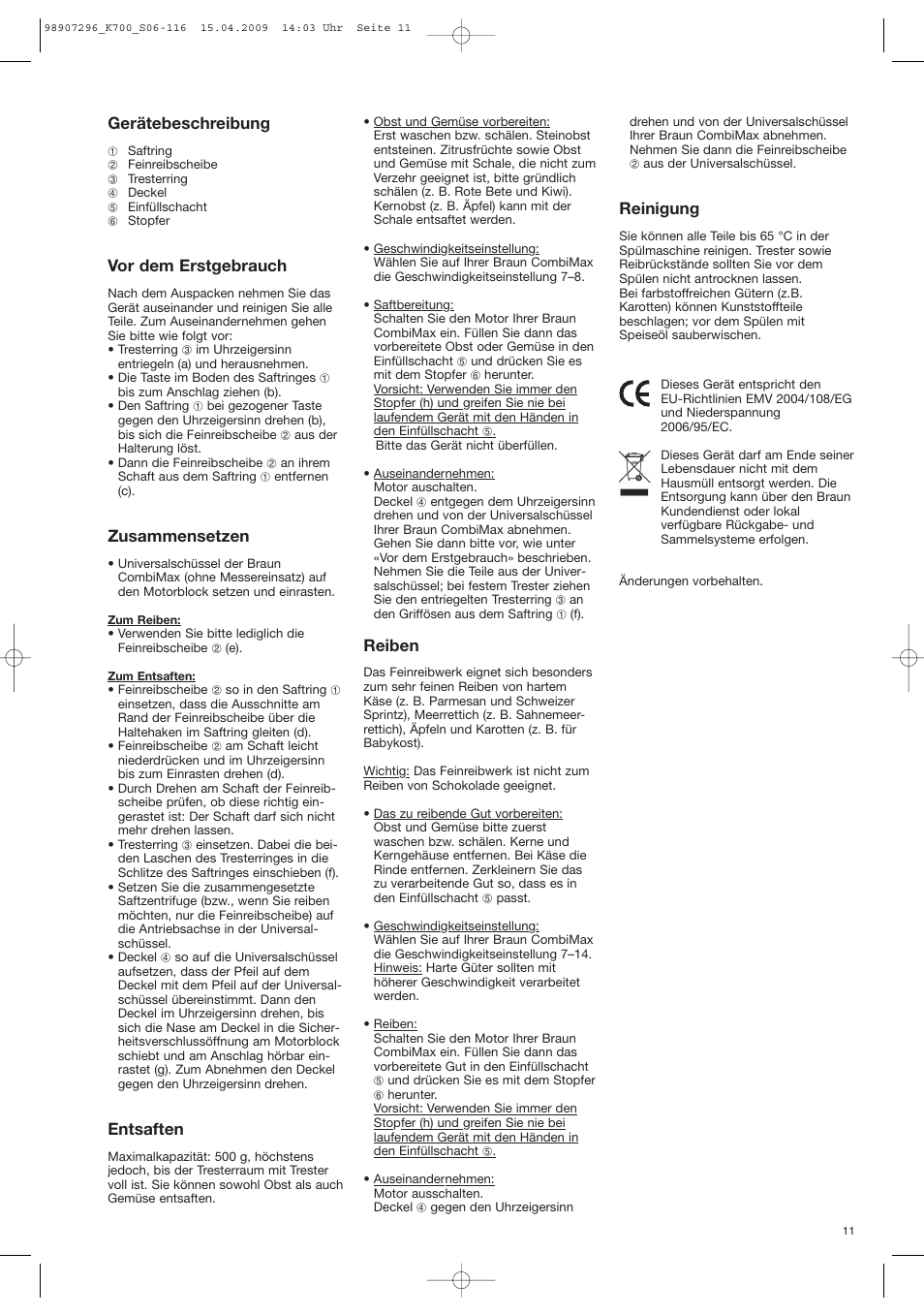 Reinigung, Gerätebeschreibung, Vor dem erstgebrauch | Zusammensetzen, Entsaften, Reiben | Braun CombiMax 700 Vital User Manual | Page 10 / 113