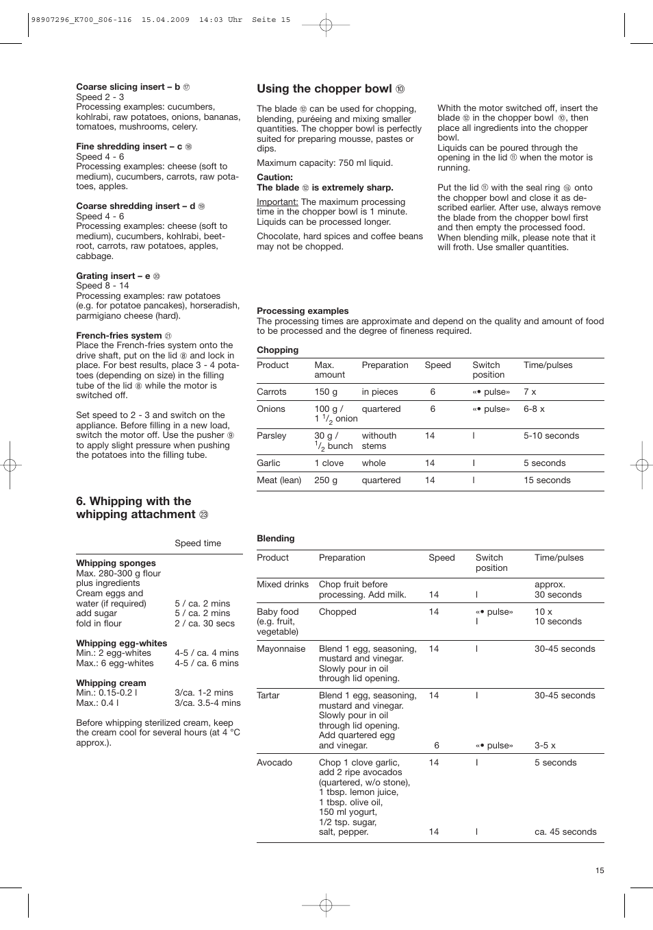 Using the chopper bowl j, Whipping with the whipping attachment w | Braun CombiMax 700 Vital User Manual | Page 14 / 113