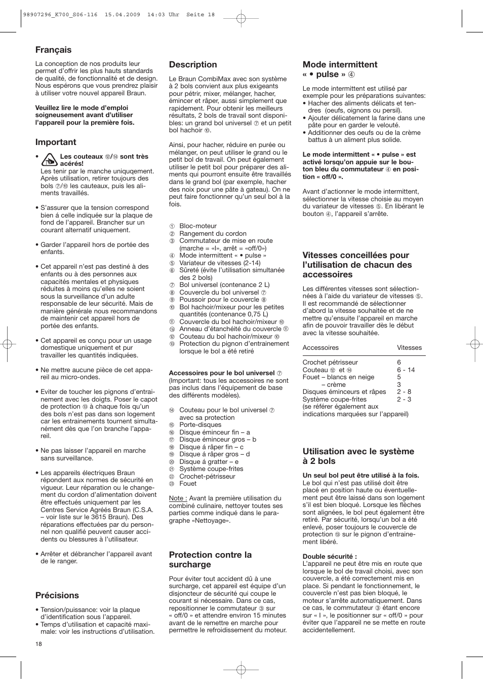 Français, Important, Précisions | Description, Protection contre la surcharge, Mode intermittent « • pulse » 4, Utilisation avec le système à 2 bols | Braun CombiMax 700 Vital User Manual | Page 17 / 113
