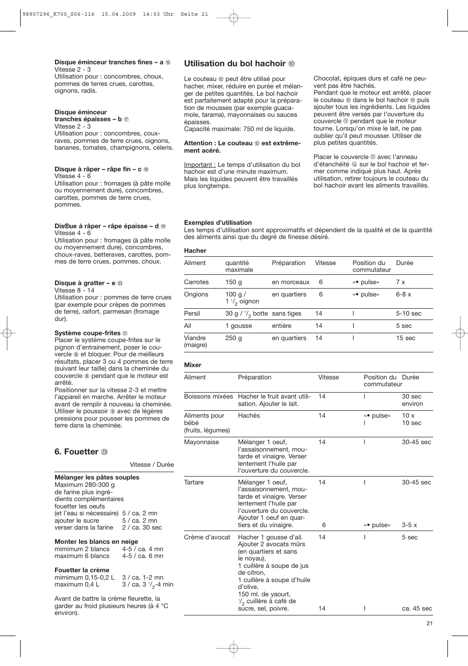 Utilisation du bol hachoir j, Fouetter w | Braun CombiMax 700 Vital User Manual | Page 20 / 113