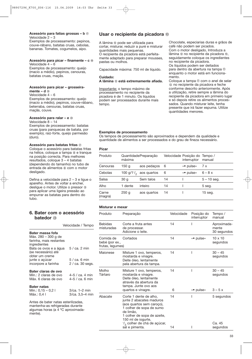 Bater com o acessório batedor w, Usar o recipiente da picadora j | Braun CombiMax 700 Vital User Manual | Page 32 / 113