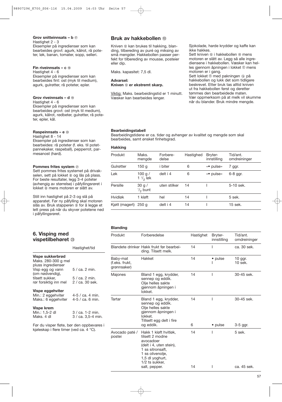 Bruk av hakkebollen j, Visping med vispetilbehøret w | Braun CombiMax 700 Vital User Manual | Page 56 / 113