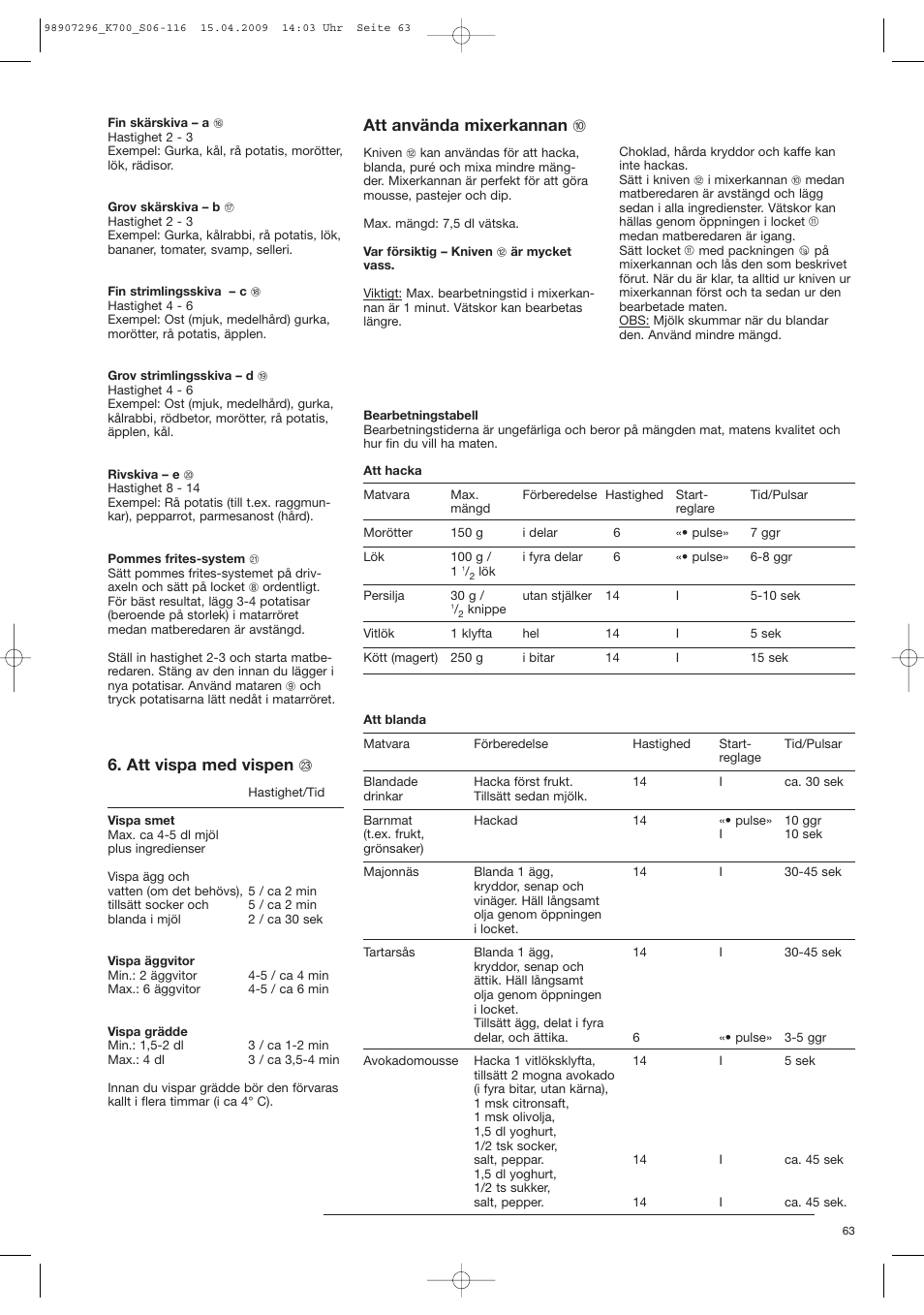 Att använda mixerkannan j, Att vispa med vispen w | Braun CombiMax 700 Vital User Manual | Page 62 / 113