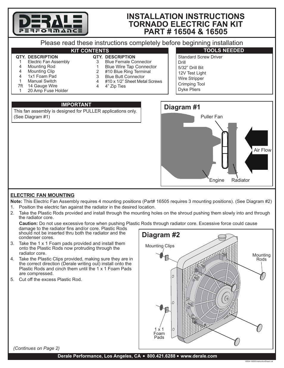 Derale Performance 4" Tornado Electric Puller Fan, Premium Mounting Kit User Manual | 2 pages
