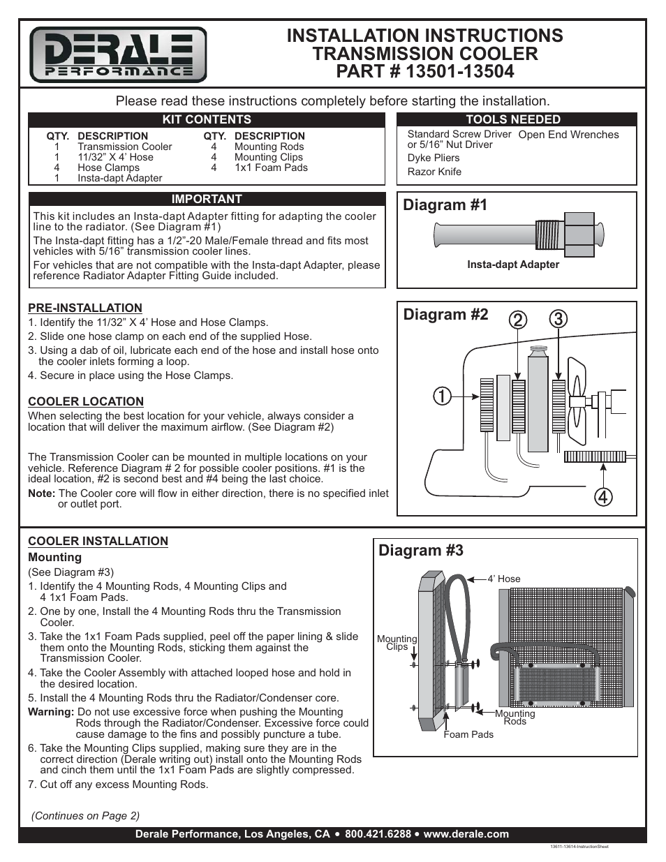 Derale Performance 13 Row Series 8000 Plate & Fin Transmission Cooler Kit User Manual | 3 pages