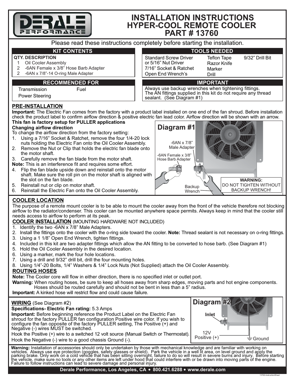 Derale Performance 25 Row Hyper-Cool Remote Cooler, -6AN User Manual | 1 page