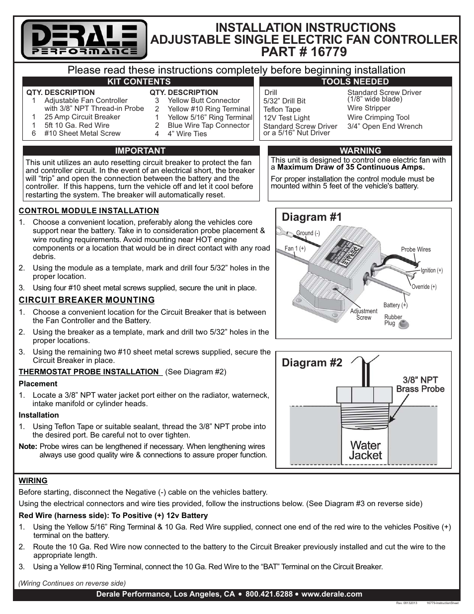 Derale Performance High Amperage Adjustable Single Electric Fan Controller, 3__8" NPT Thread In Probe User Manual | 2 pages