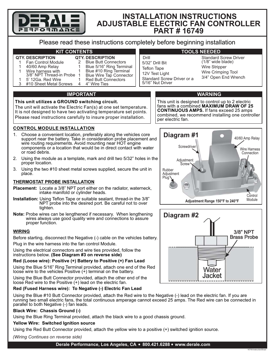 Derale Performance Adjustable Electric Fan Controller, 3__8" NPT Thread In Probe User Manual | 2 pages