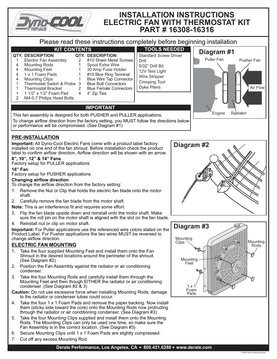 Derale Performance 14" Dyno-Cool Electric Fan and Mechanical Fan Controller Kit, Premium User Manual | 2 pages